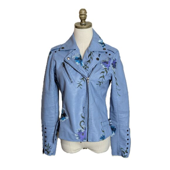 Colleen Lopez Jackets & Blazers - Colleen Lopez Blue Floral Embroidered Faux Leather Moto Jacket Size S Studded